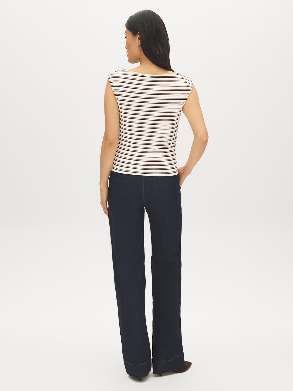 Winter White/Bison/Coffee Bean Striped Boat Neck Top - Back View - Suzy Shier