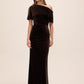 Chocolate Velour Gown with Asymmetrical Neckline - Front View - Le Chateau