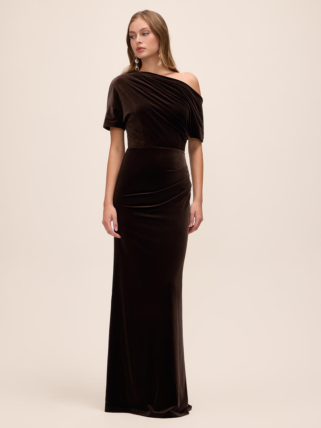 Chocolate Velour Gown with Asymmetrical Neckline - Front View - Le Chateau