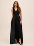 Black V-Neck Jumpsuit with Jacquard Skirt Overlay - Woman Wearing Elegant Eveningwear - Le Chateau