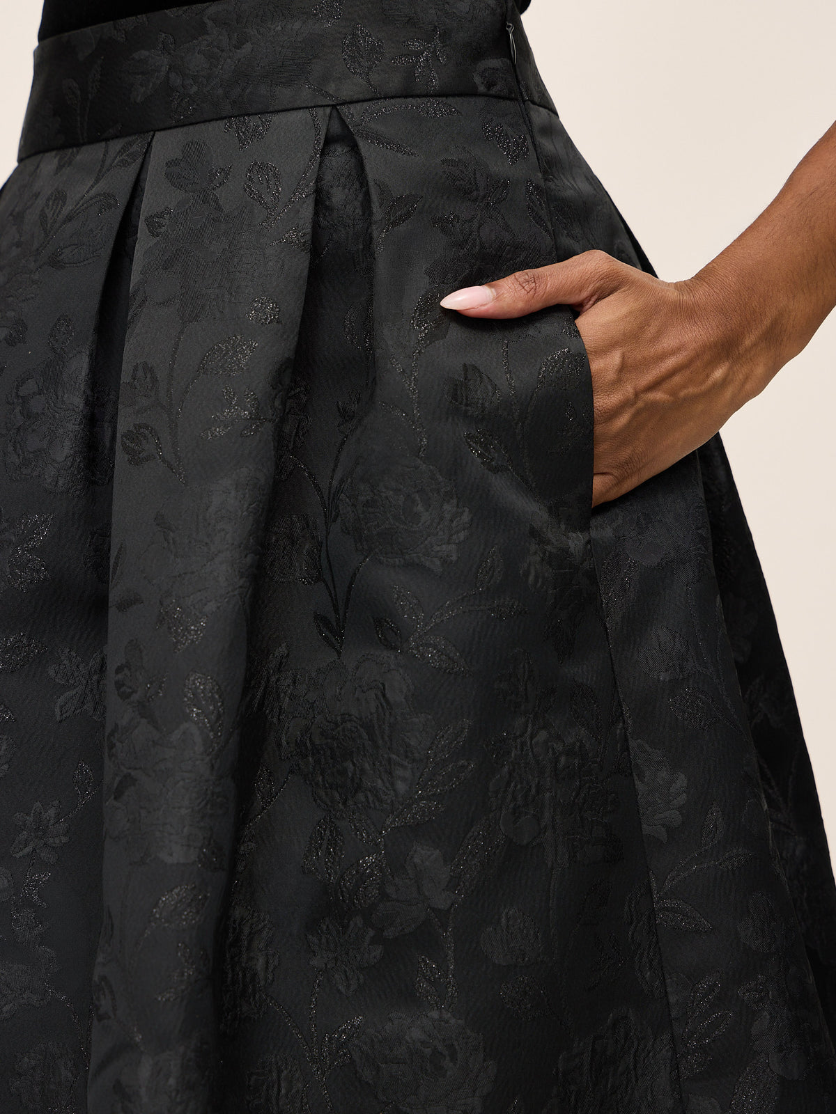 Black Floral Jacquard Midi Skirt with Box Pleats - Close-up Fabric Detail - Le Chateau