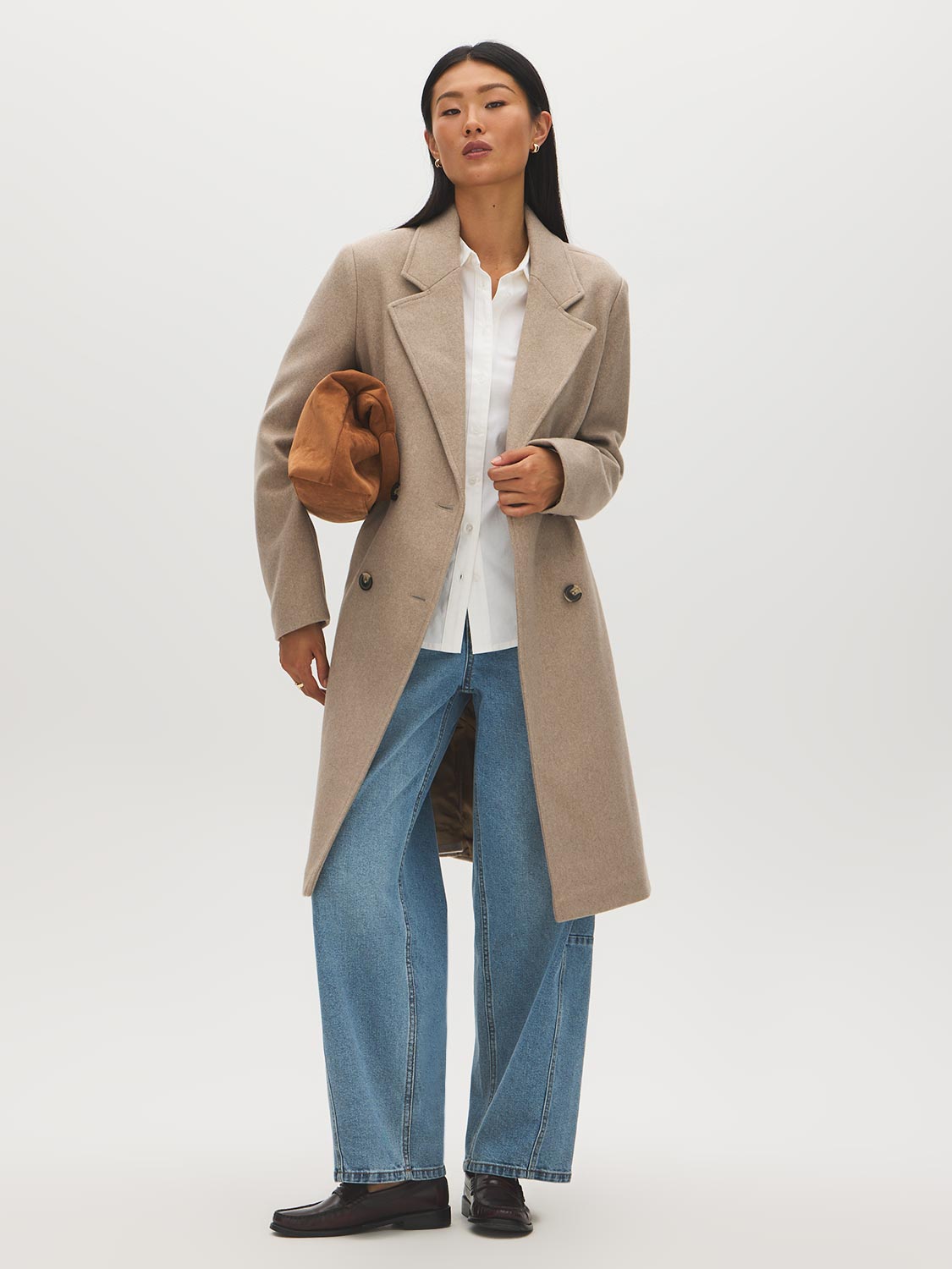 Latte Double-Breasted Faux Wool Coat - Front View - Suzy Shier