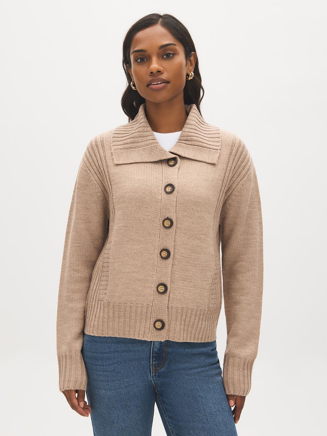Natural Melange Button-Front Knit Cardigan - Woman Wearing Wide Collar Sweater - Suzy Shier