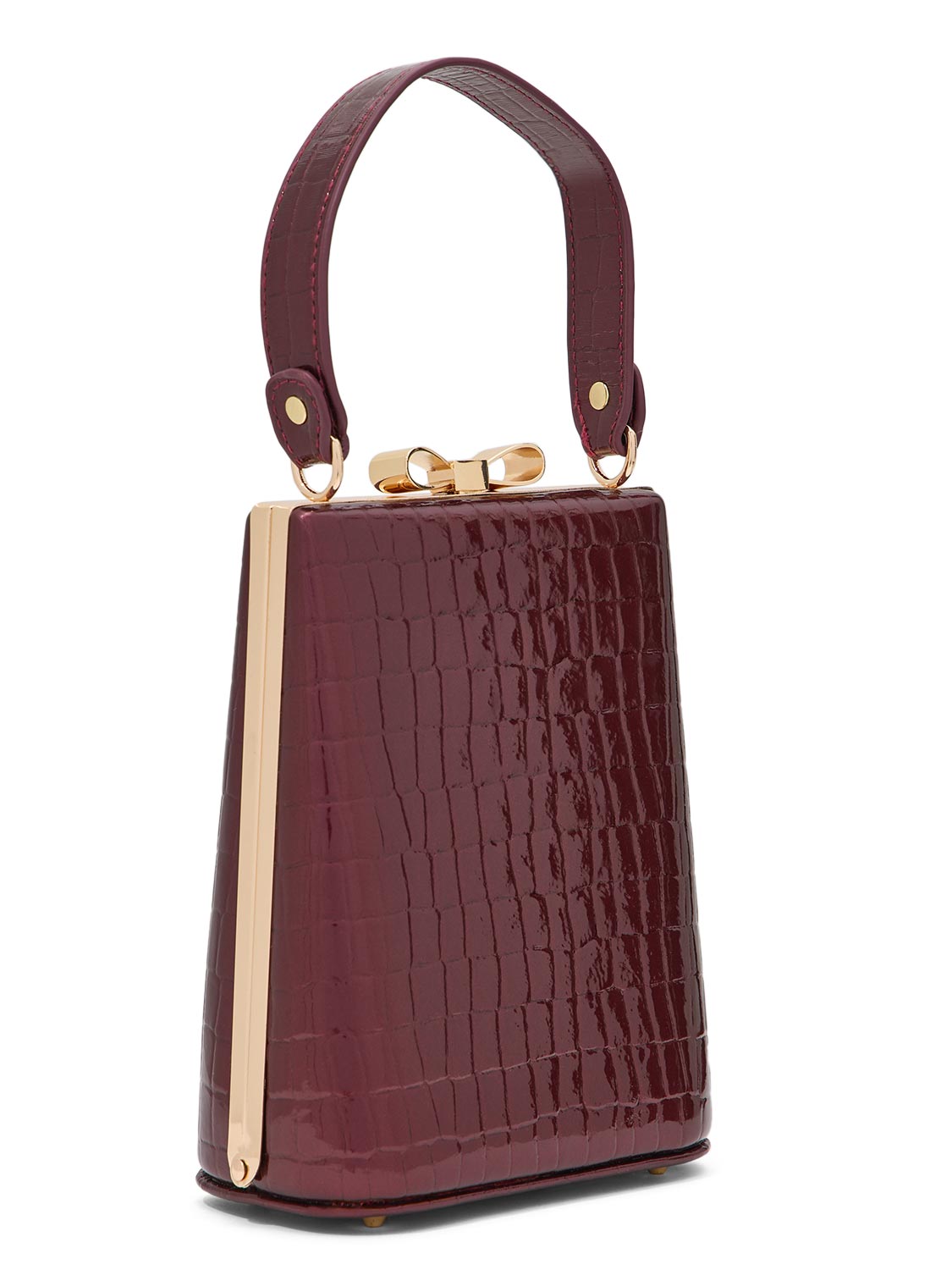 Black/Gold Faux Leather Croc Minaudire with Jewel Bow - Side Profile View - Le Chateau
