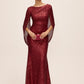 Burgundy Sequin Mesh Gown with Cape - Front View - Le Chateau