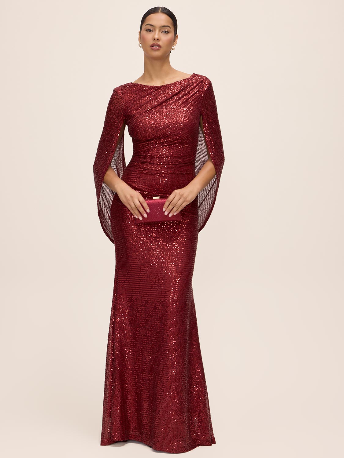 Burgundy Sequin Mesh Gown with Cape - Front View - Le Chateau