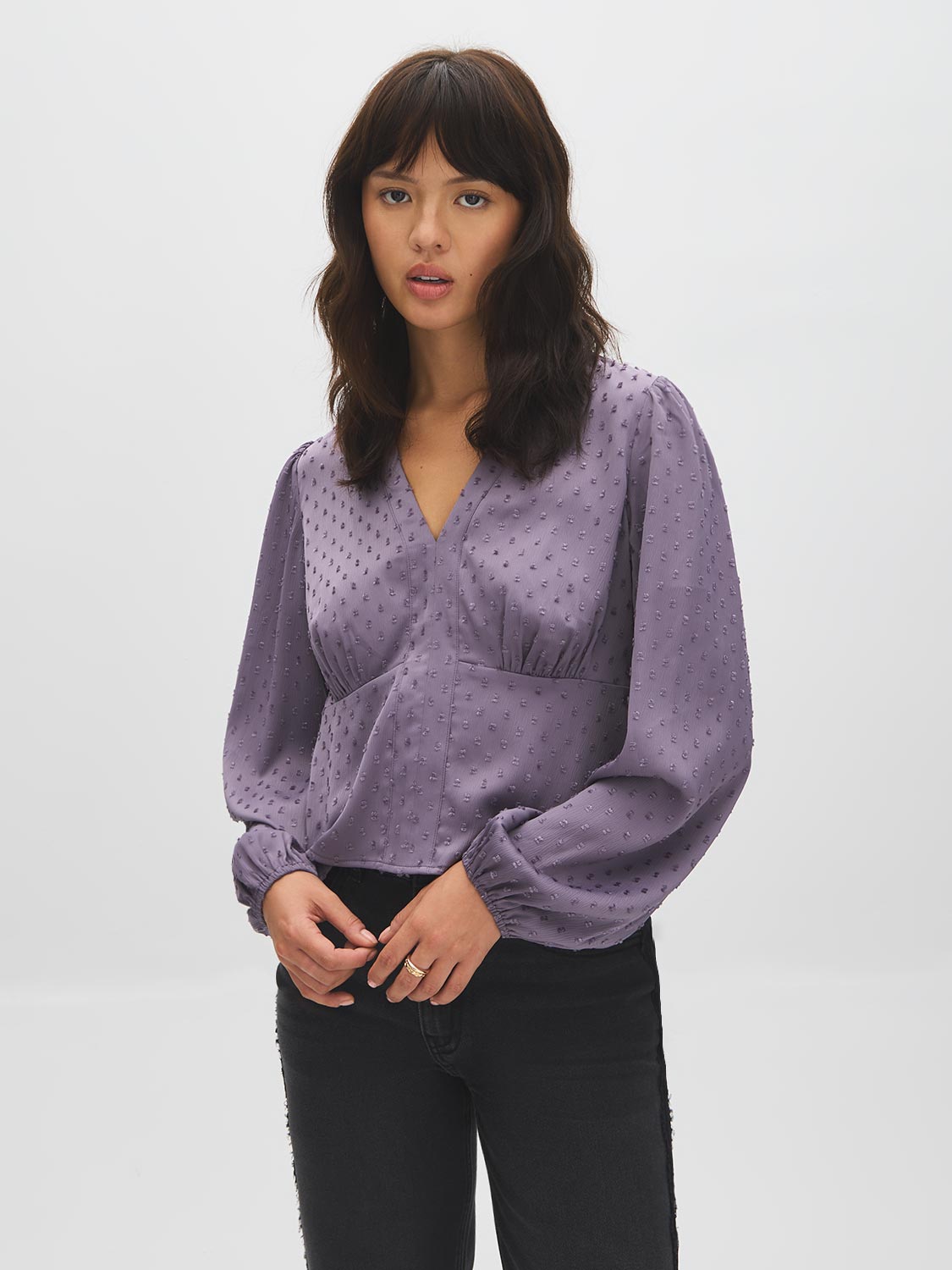 Iced Iris Empire Cut Popover Blouse - Woman Wearing V-Neck Blouse with Lurex Detail - Suzy Shier