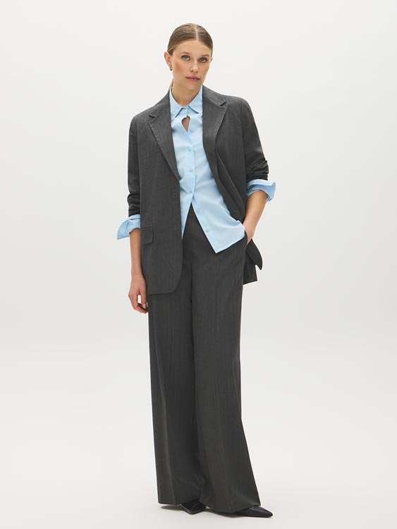Charcoal/White Pinstripe Two-Button Blazer - Front View - Suzy Shier