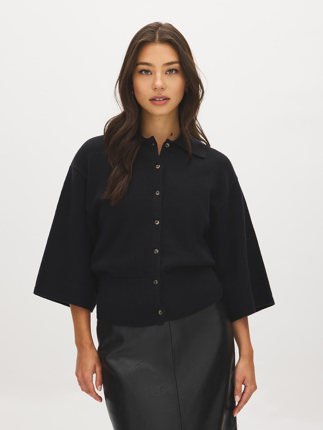 Black Button-Front Knit Sweater with Collar - Woman Wearing Wide Sleeve Sweater - Suzy Shier
