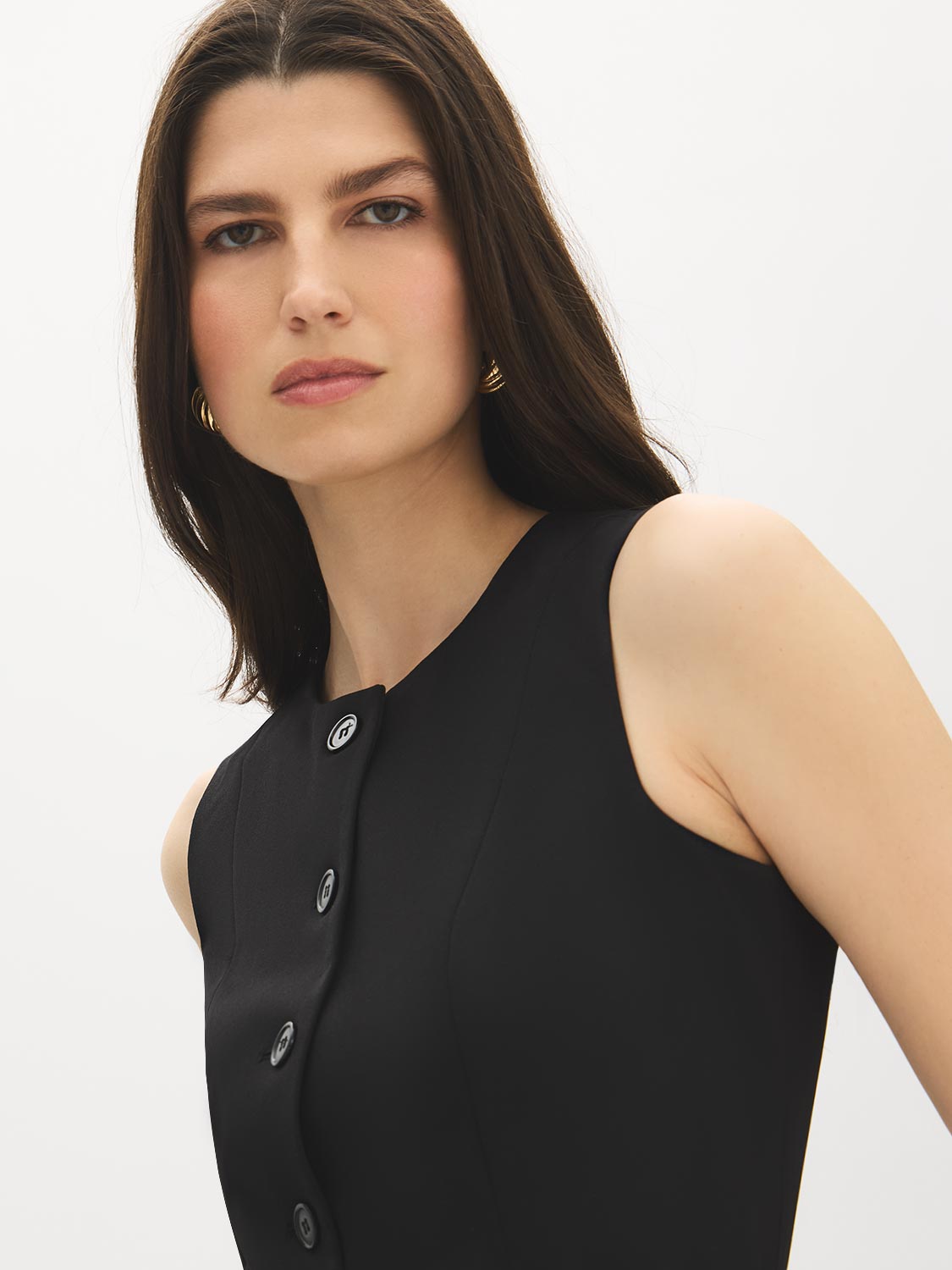 Black Button-Front Belted Knit Vest - Close-up Button Detail - Suzy Shier