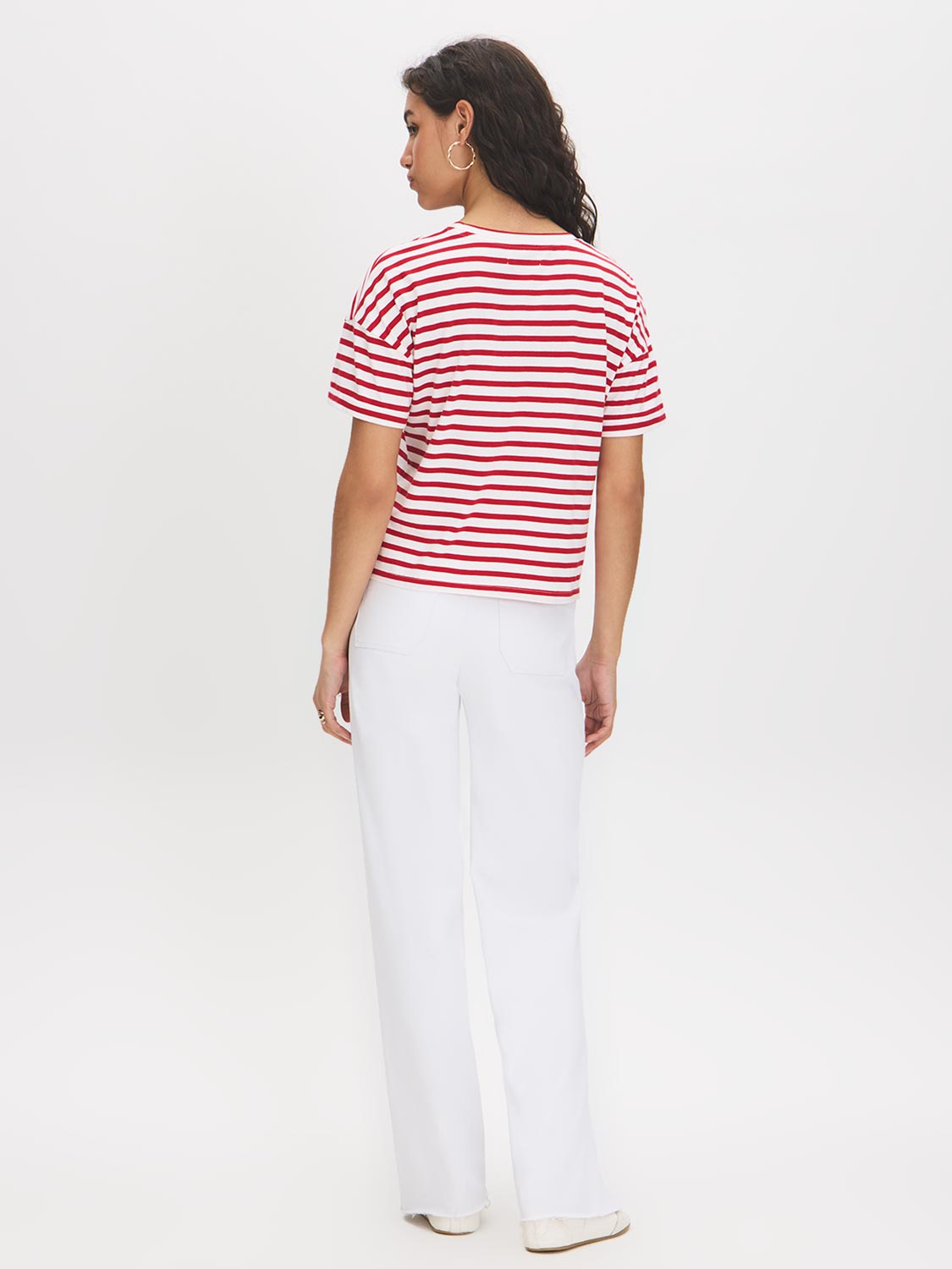 Jester Red Stripe Cotton Crew Neck Tee - Woman Wearing Loose-Fit Striped Top - Suzy Shier