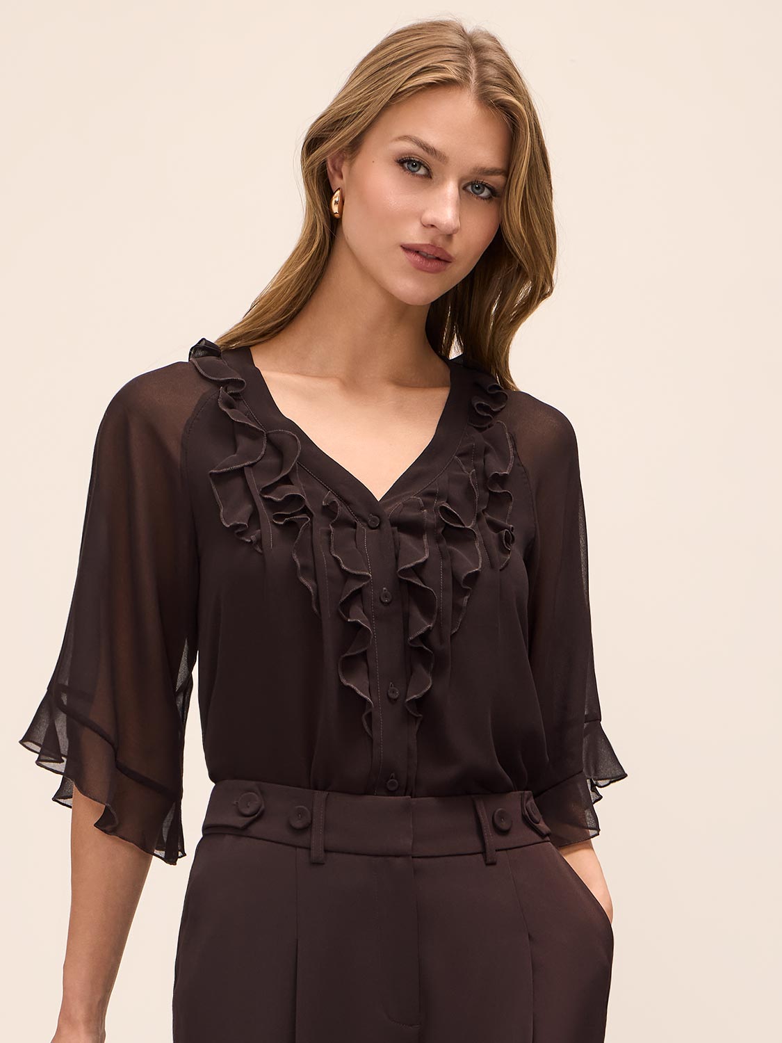 Chestnut Ruffle Short Sleeve Blouse - Front View - Le Chateau