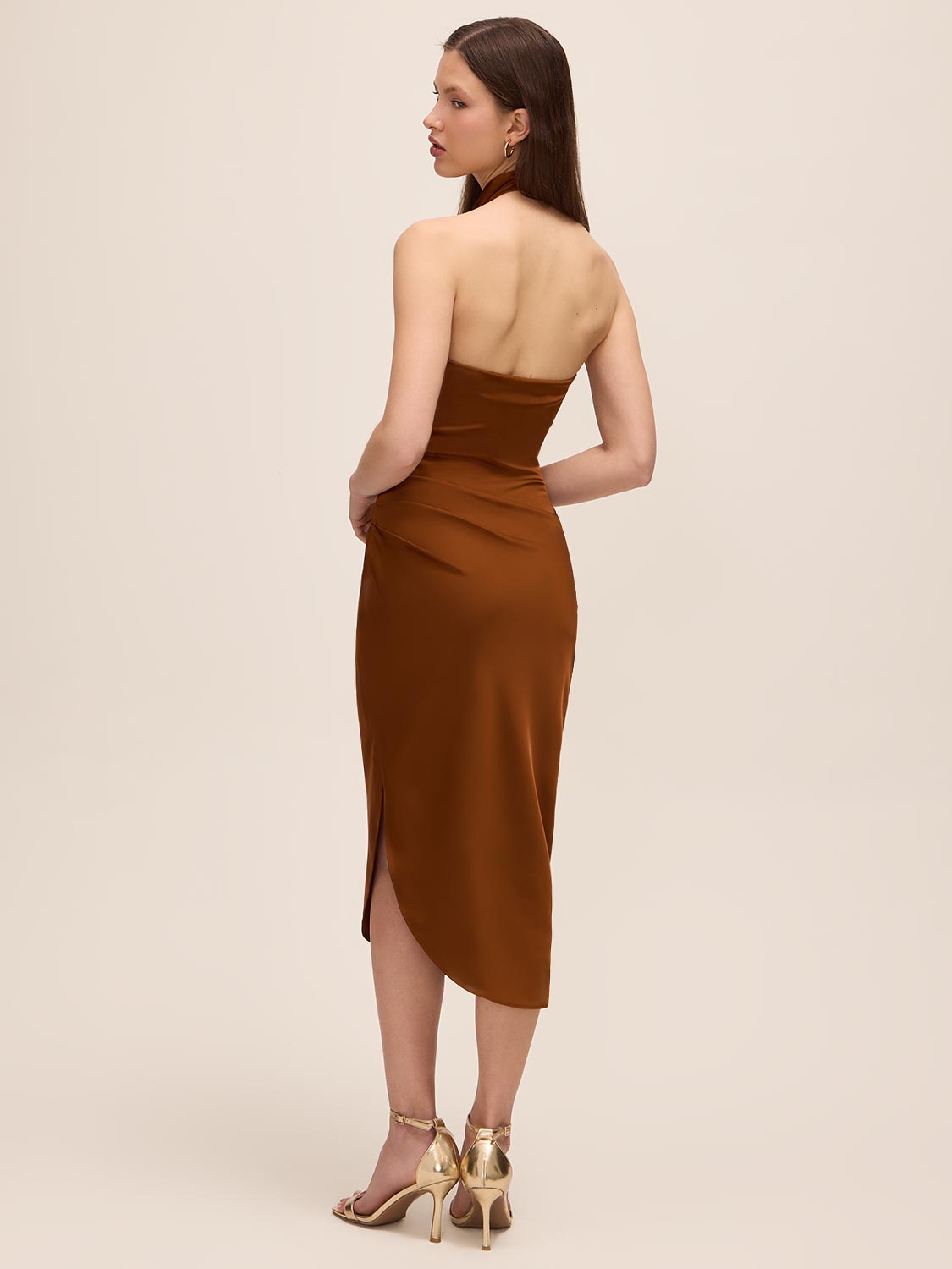 Toffee Draped Halter Neck Midi Dress - Back View - Le Chateau