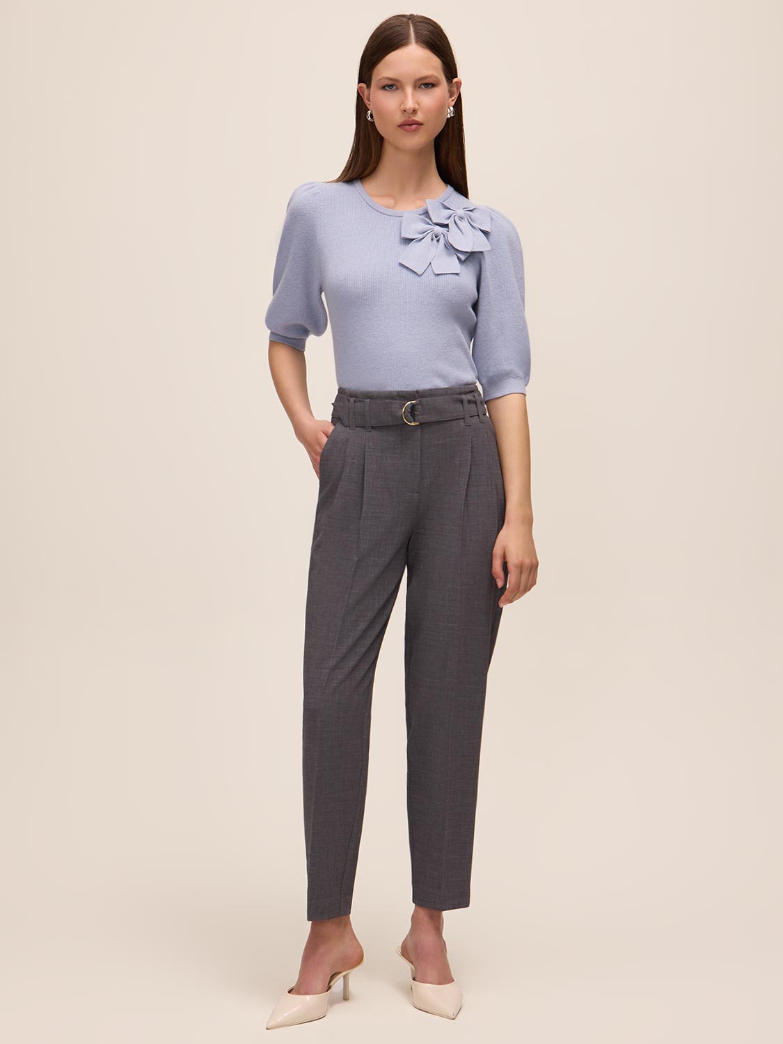 Steel Blue Double Bow Puff Sleeve Sweater - Front View - Le Chateau