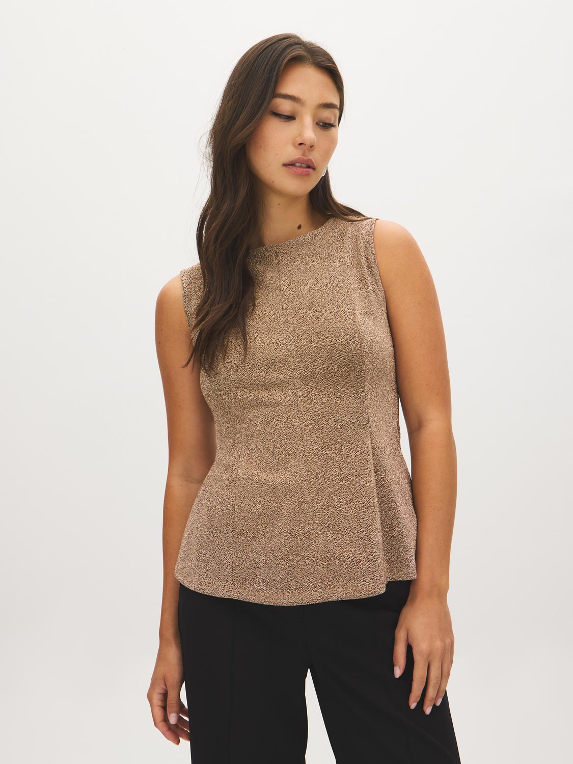 Gold Sleeveless Glitter Knit Top - Woman Wearing Sparkly Fit-and-Flare Top - Suzy Shier