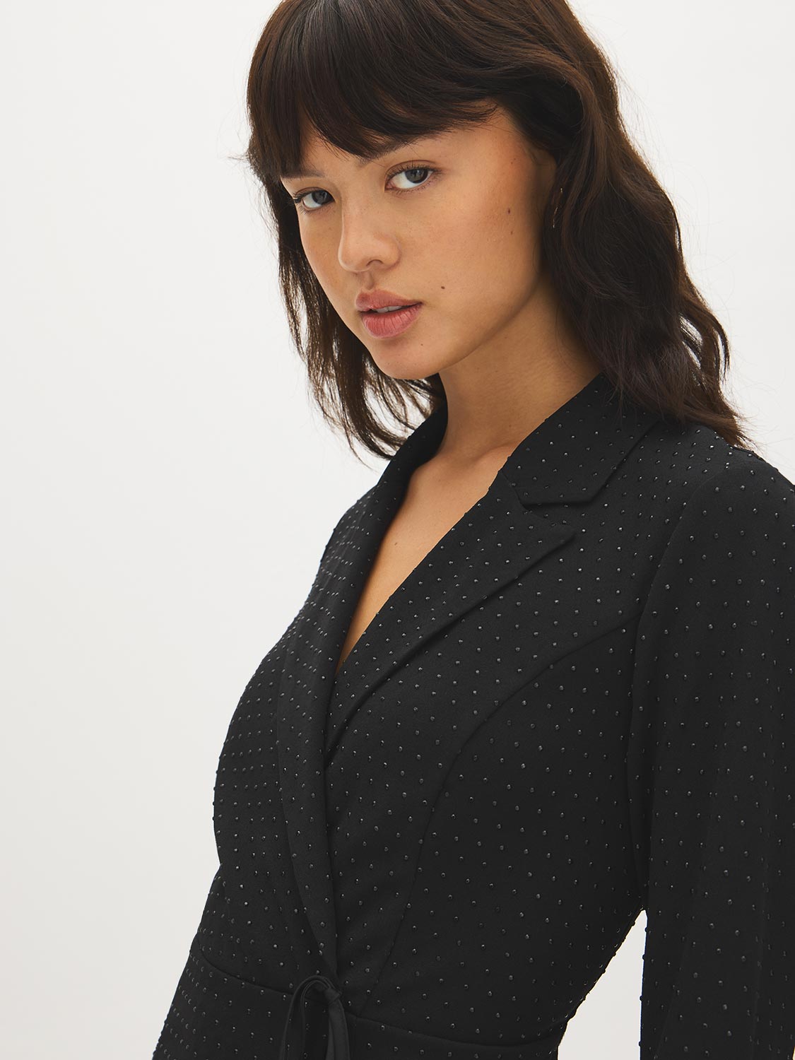 Black Studded Blazer Dress with Notch Collar - Close-up Collar Detail - Suzy Shier