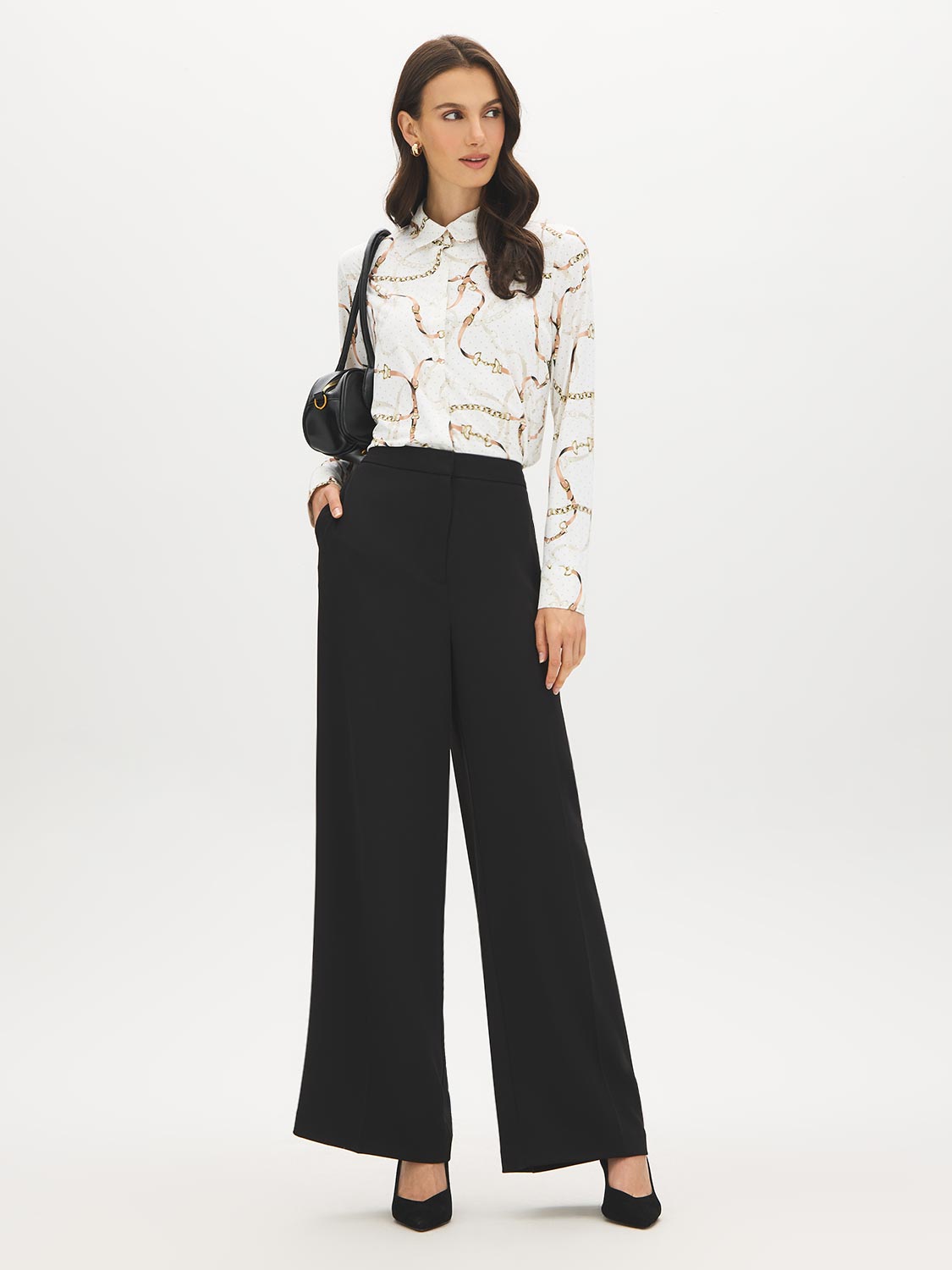 Snow White Button-Up Knit Blouse with Shirt Collar - Front View - Suzy Shier