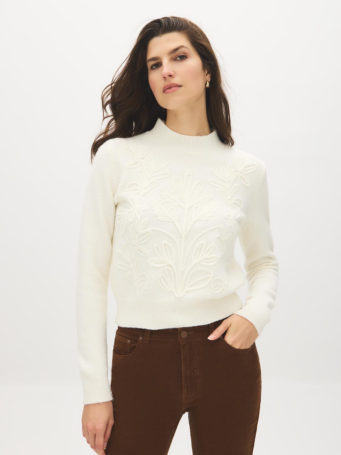 Ivory Mock Neck Sweater with Ribbed Trim - Woman Wearing Textured Knit Sweater - Suzy Shier