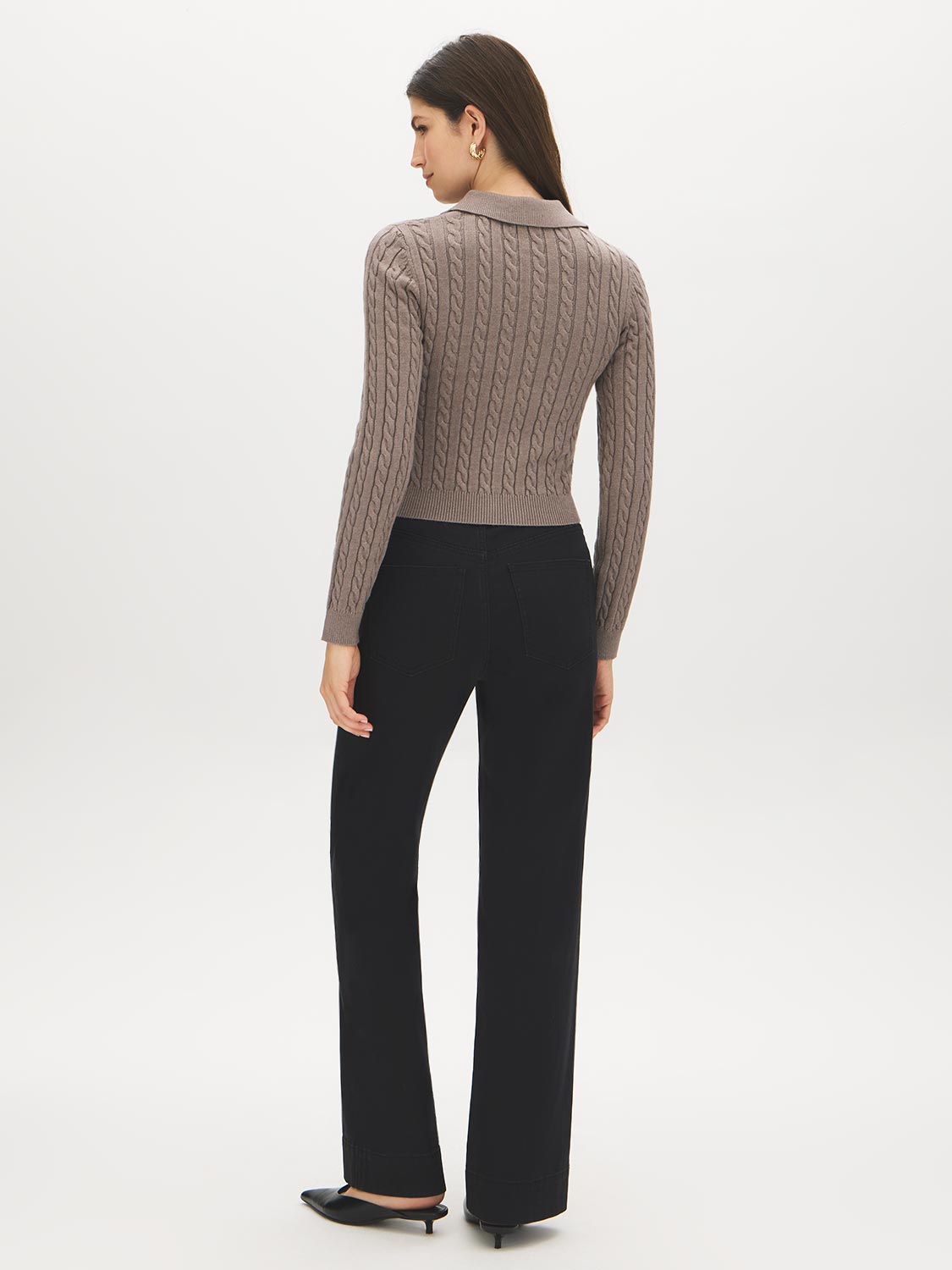 Brown Melange Cable Stitch Zip-Front Sweater - Back View - Suzy Shier