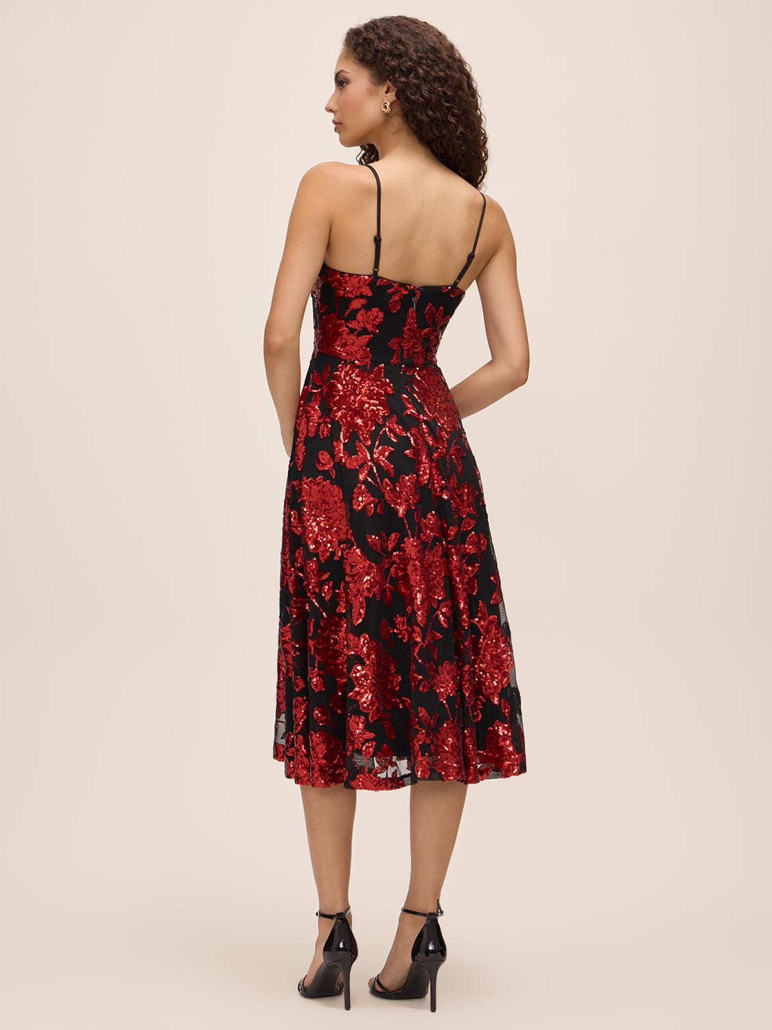 Red/Black Sequin Floral Mesh Bustier Midi Dress - Back View - Le Chateau