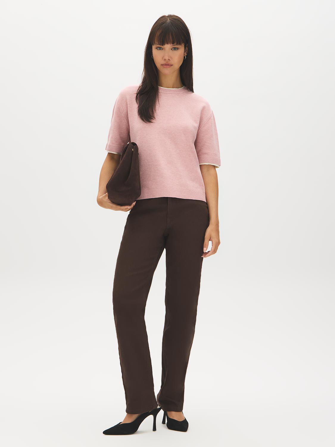 Zephyr/Off White Short Sleeve Double Layer Knit Sweater - Front View - Suzy Shier