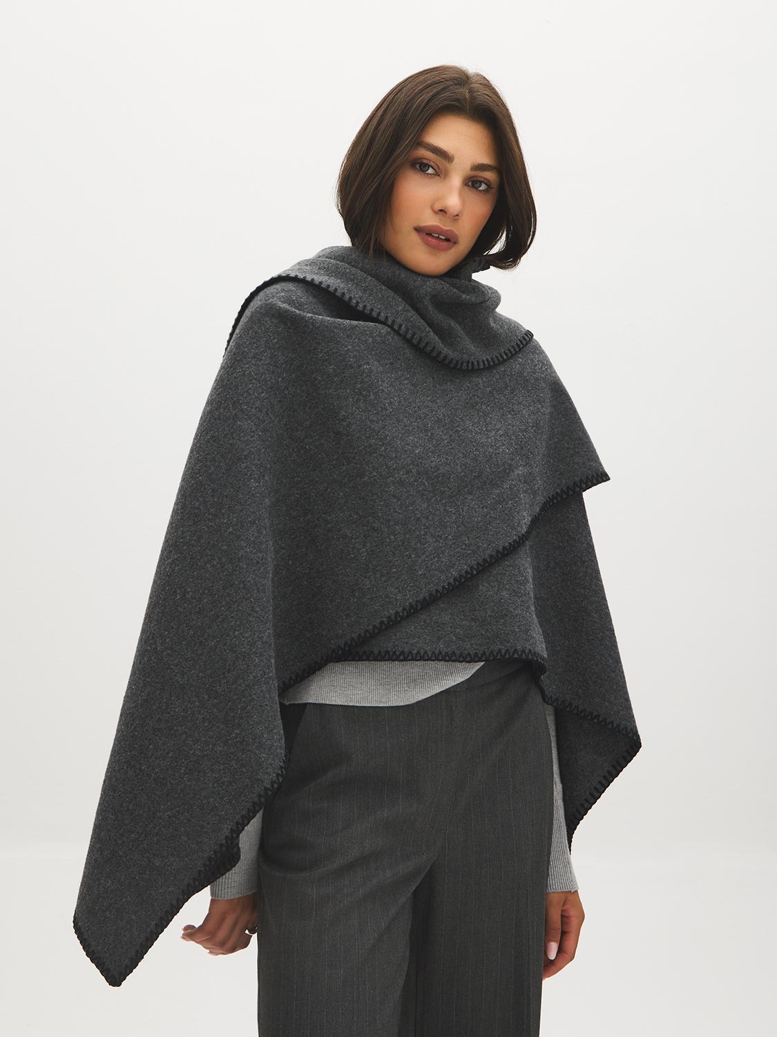Grey Melange Woven Cape with Contrast Scarf - Side Profile View - Suzy Shier