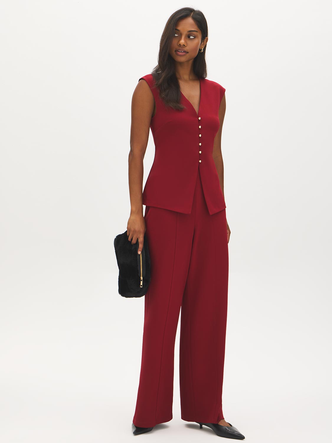 Red V-Neck Button-Front Knit Vest - Front View - Suzy Shier