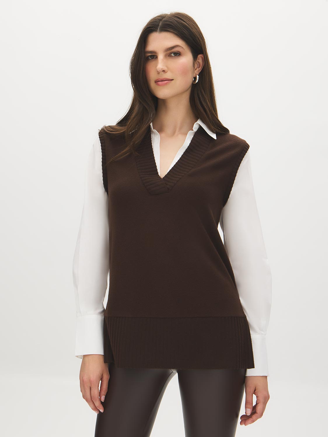 Coffee Bean Melange Hacci Knit 2fer Top with Poplin Sleeves - Woman Wearing Layered Long Sleeve Top - Suzy Shier