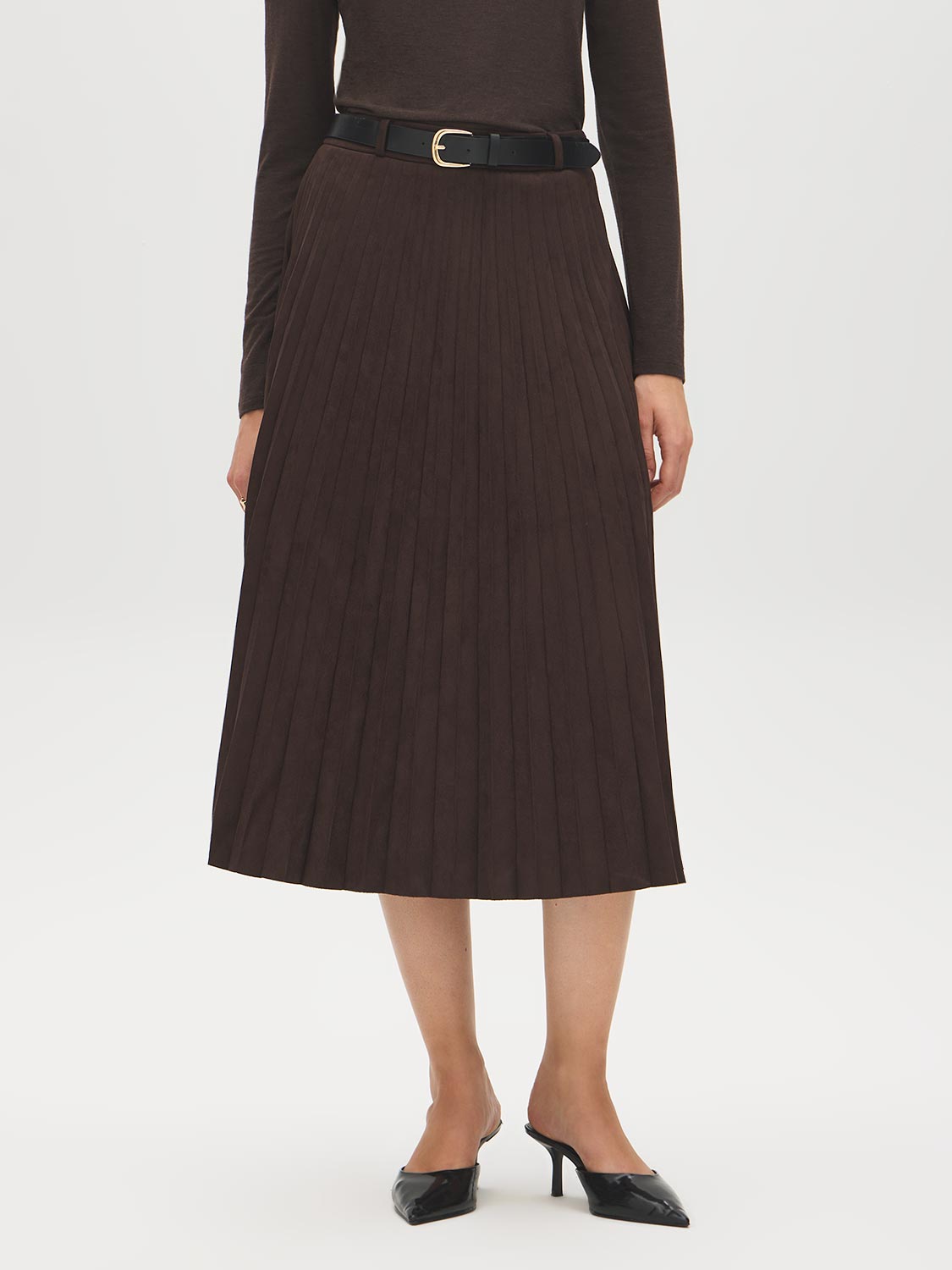 Coffee Bean Faux Suede Pleated Midi Skirt with Belt - Front View - Suzy Shier