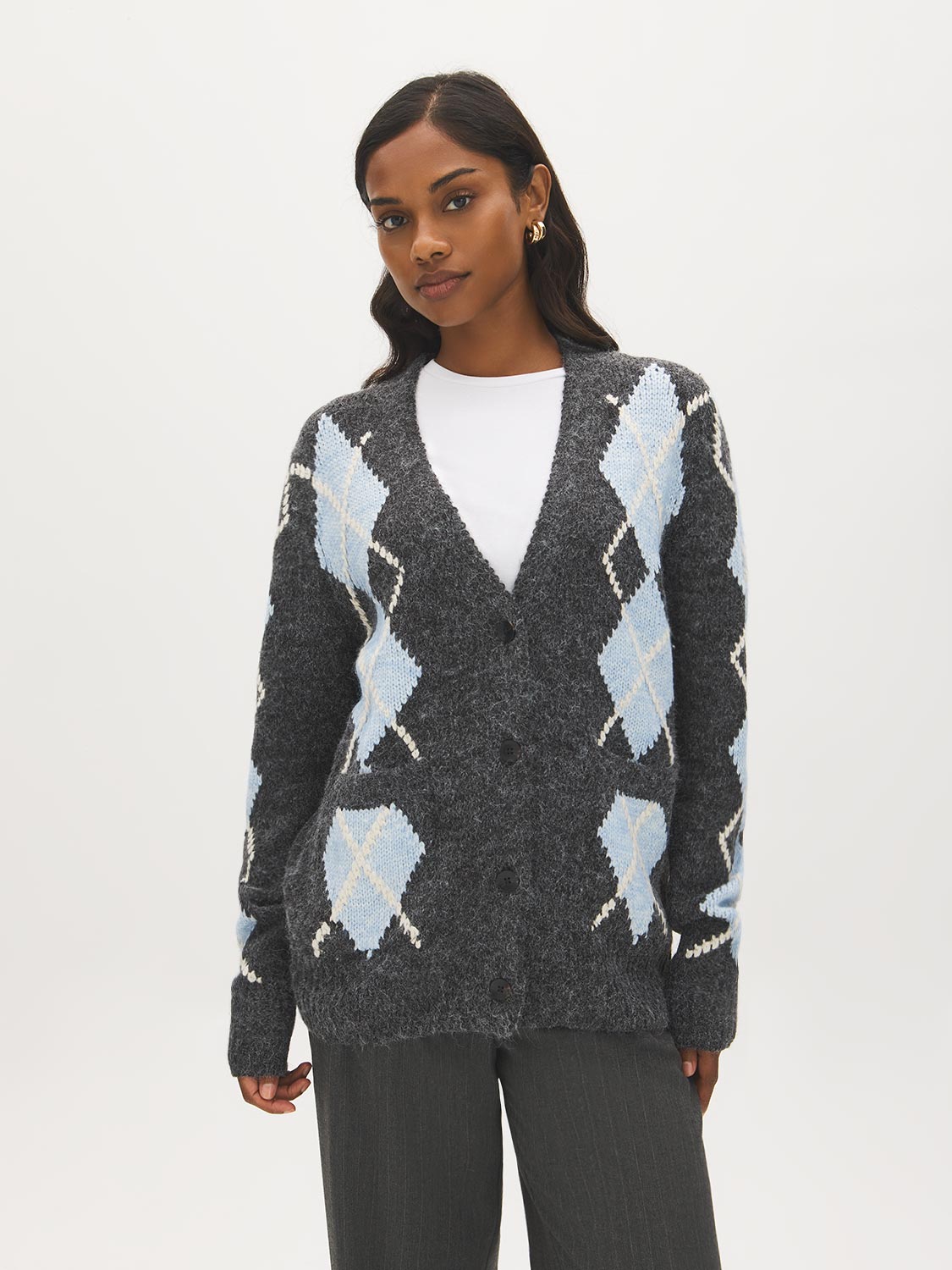 Charcoal V-Neck Button-Front Cardigan - Woman Wearing Knit Sweater with Patch Pockets - Suzy Shier