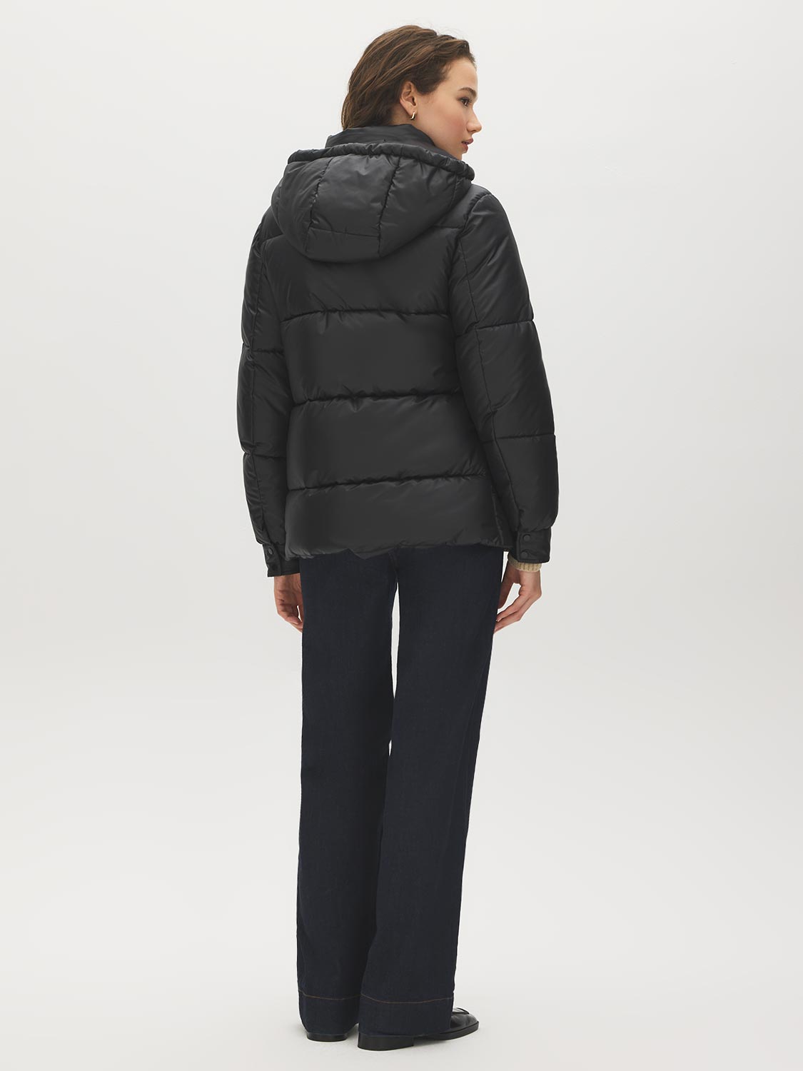 Black Mid-Length Quilted Puffer with Hood - Back View - Suzy Shier
