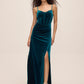 Teal Velour V-Neck Gown with Boning Detail - Woman Wearing Elegant Evening Dress - Le Chateau