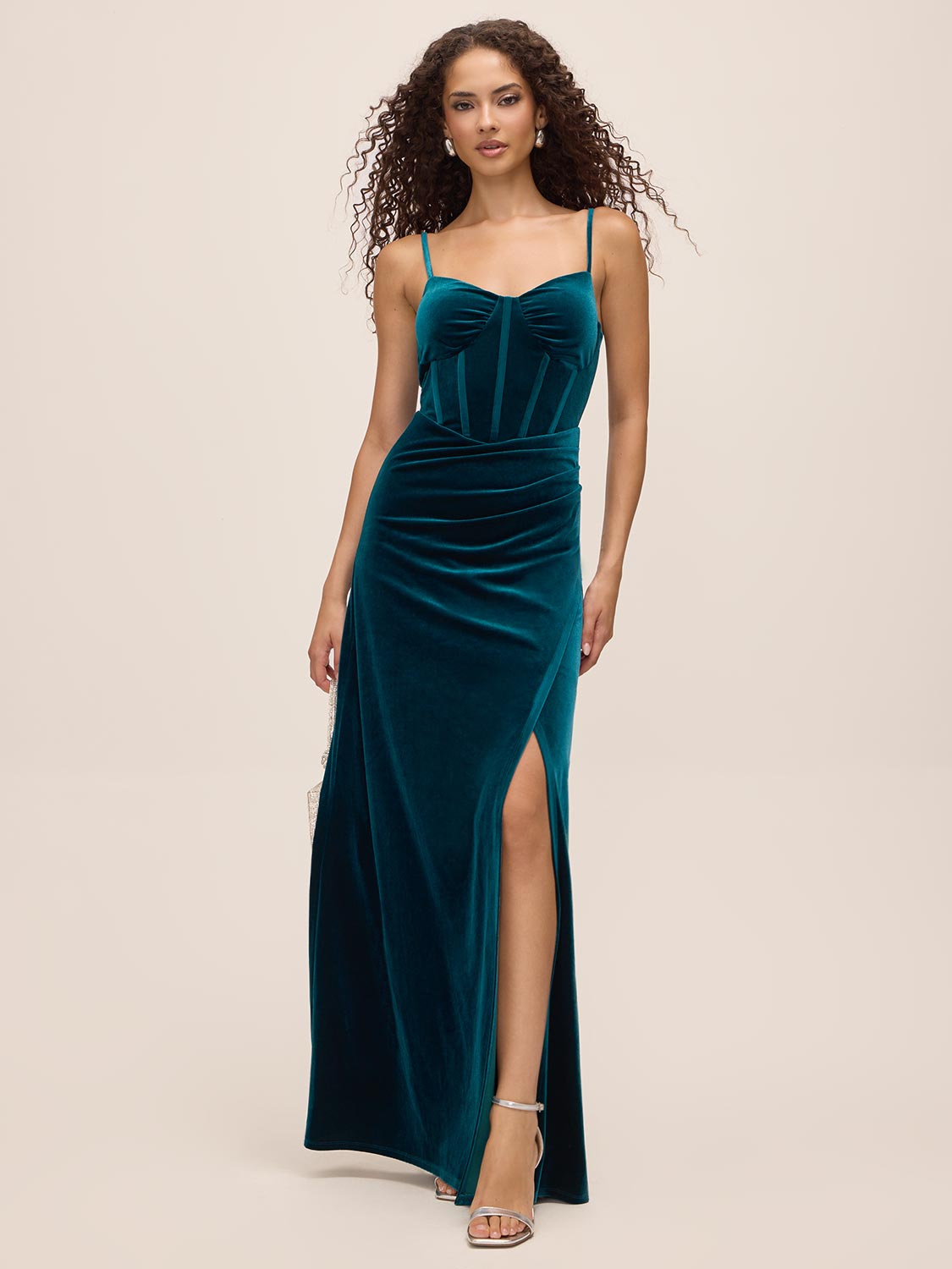 Teal Velour V-Neck Gown with Boning Detail - Woman Wearing Elegant Evening Dress - Le Chateau