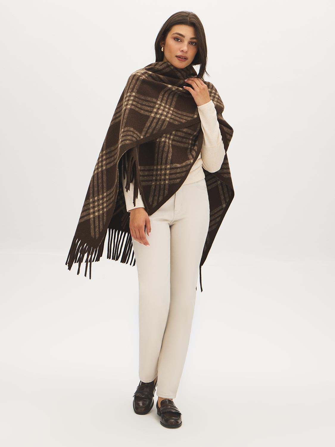 Brown Plaid Fringe Cape - Side View - Suzy Shier