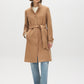 Camel Faux Wool Funnel Neck Coat with Wrap Belt - Woman Wearing Mid-Length Winter Coat - Suzy Shier