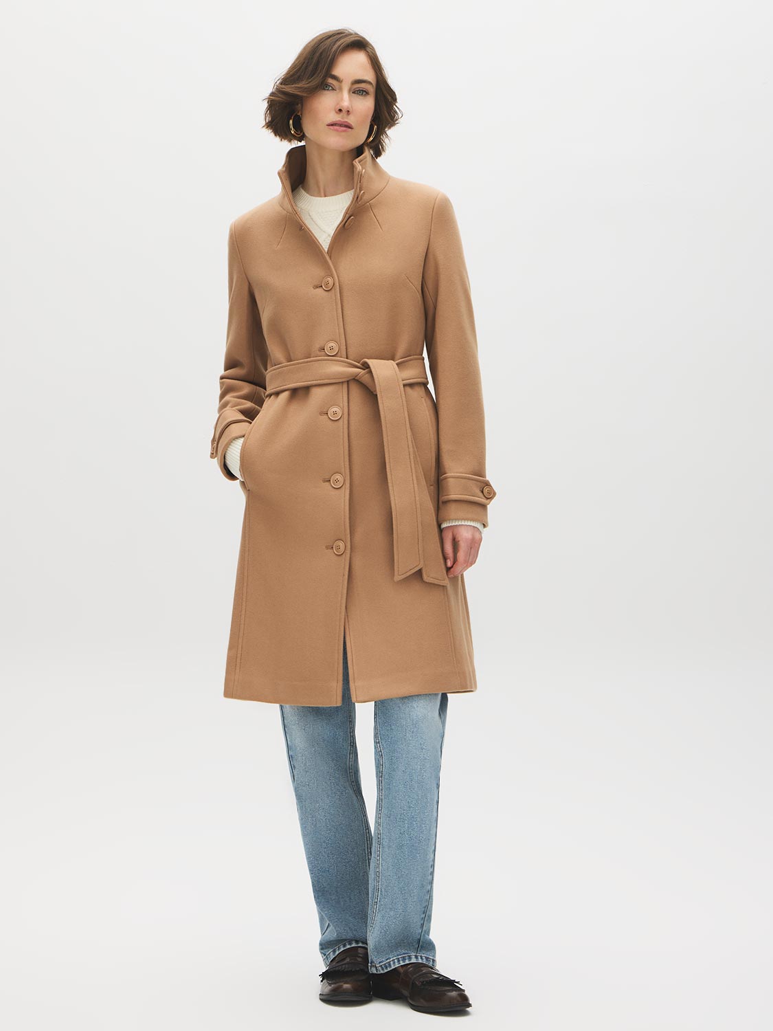 Camel Faux Wool Funnel Neck Coat with Wrap Belt - Woman Wearing Mid-Length Winter Coat - Suzy Shier