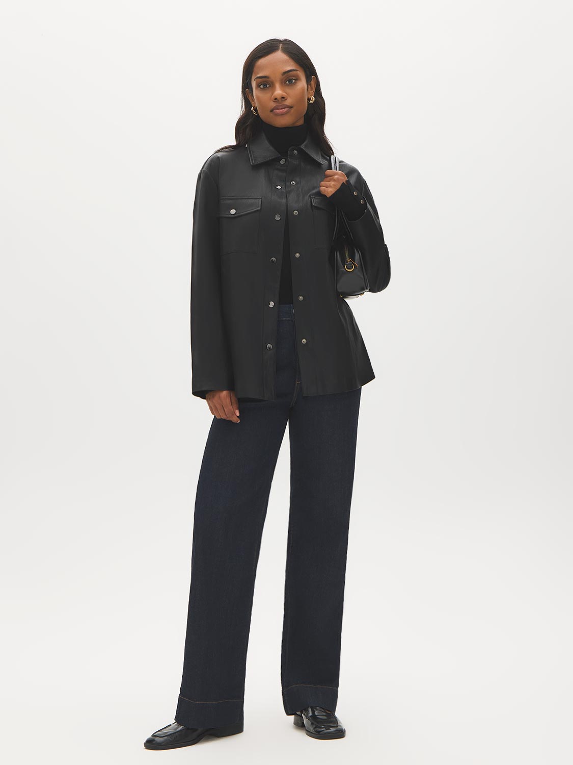 Black Textured Faux Leather Jacket with Patch Pockets - Front View - Suzy Shier