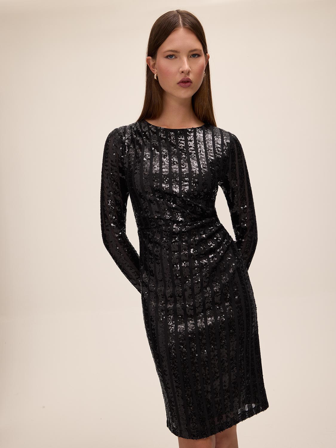 Black Sequin Stripe Scoop Neck Dress - Front View - Le Chateau