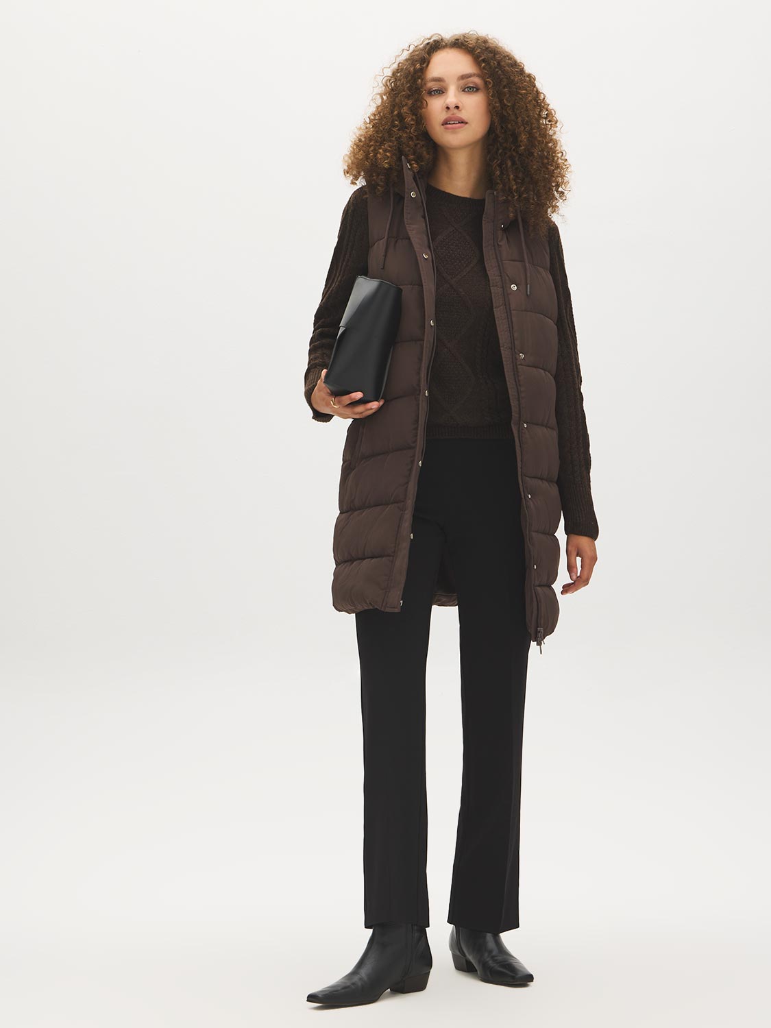 Brown Quilted Long Puffer Vest with Hood - Woman Wearing Water-Resistant Outerwear - Suzy Shier