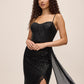 Black Sequin Mesh Gown with Bustier Upper - Side Profile View - Le Chateau