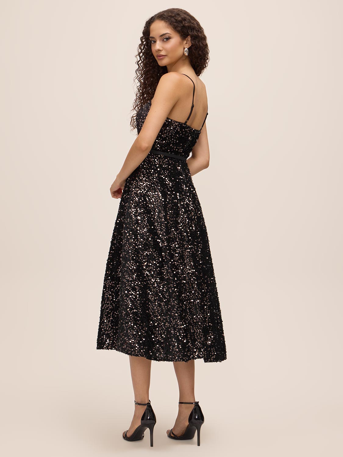 Charcoal Velvet Sequin Fit & Flare Midi Dress - Back View - Le Chateau