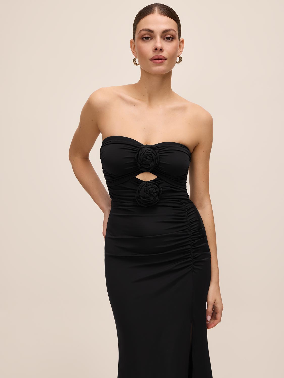 Black Strapless Gown with Rosette Trim - Upper Body Detail - Le Chateau