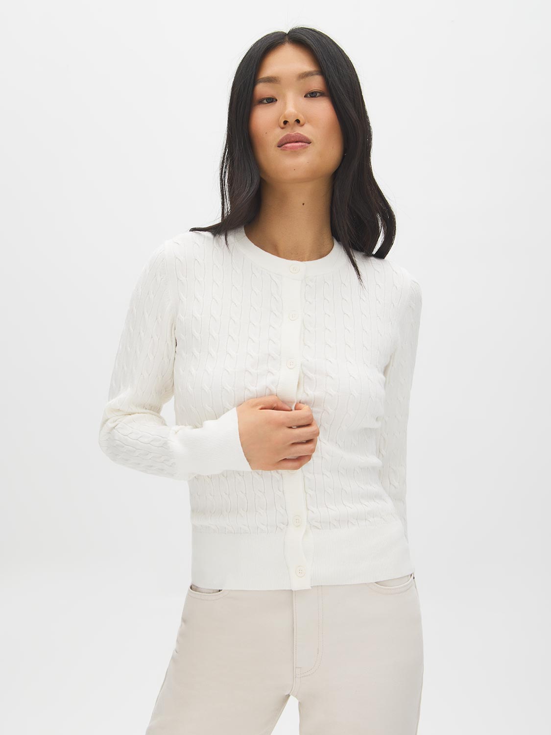 Snow White Cable Stitch Button-Front Cardigan - Woman Wearing Knit Sweater - Suzy Shier