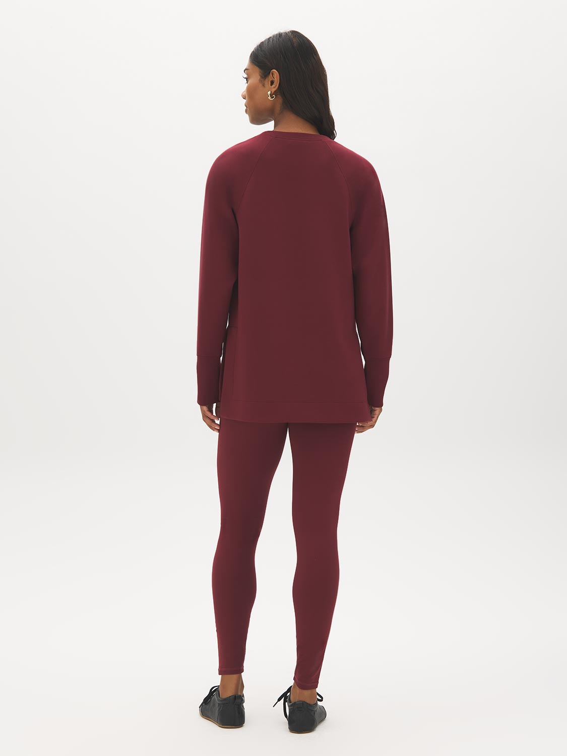 Wine Cloud Fleece Tunic with Raglan Sleeves - Woman Wearing Long Sleeve Crew Neck Top - Suzy Shier