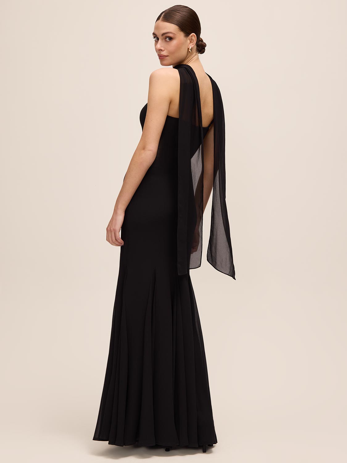 Black Knit Crepe Gown with Chiffon Godet Inserts - Back Side View - Le Chateau
