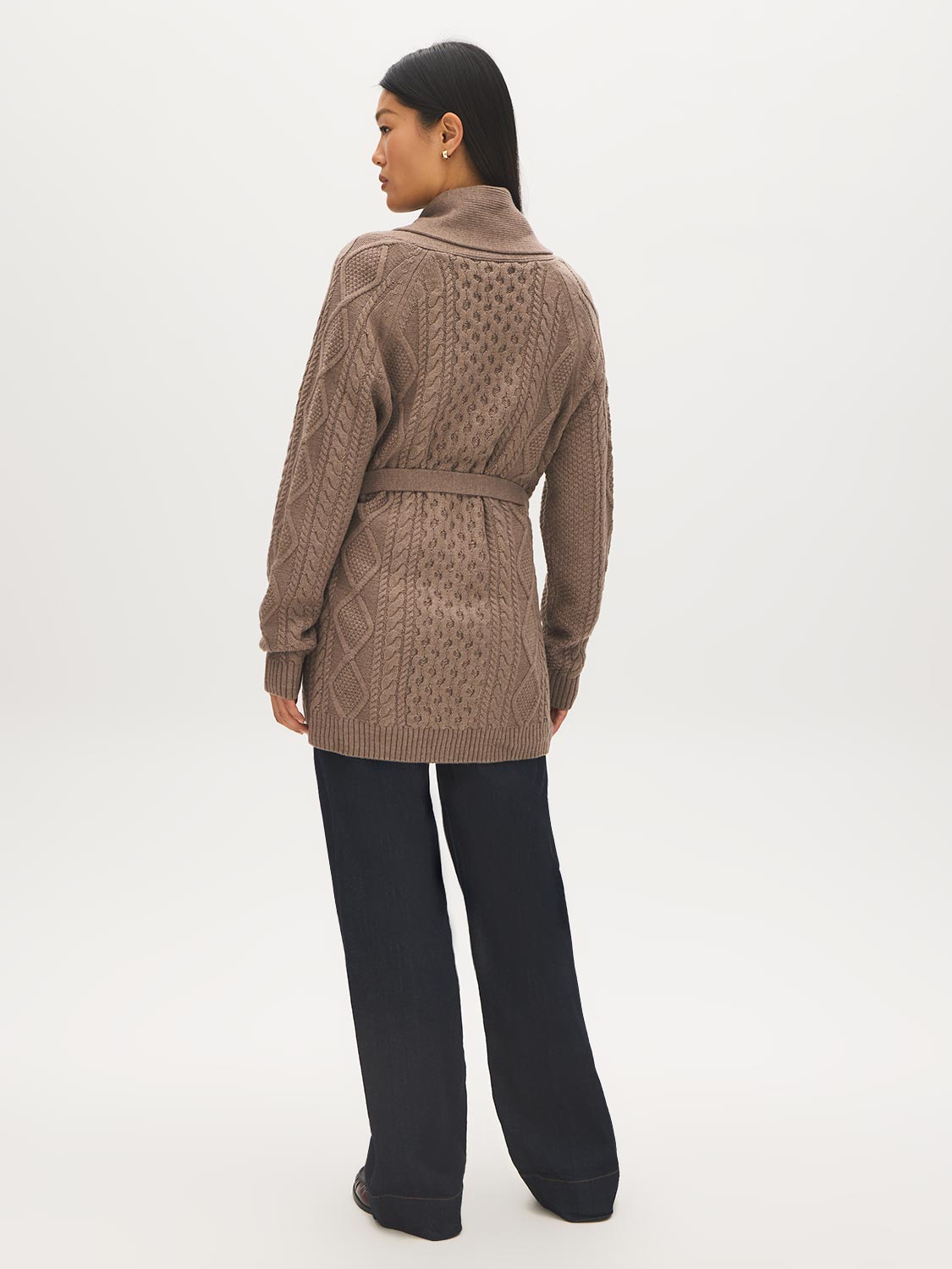 Cedar Cable Knit Shawl Collar Sweater - Back View - Suzy Shier