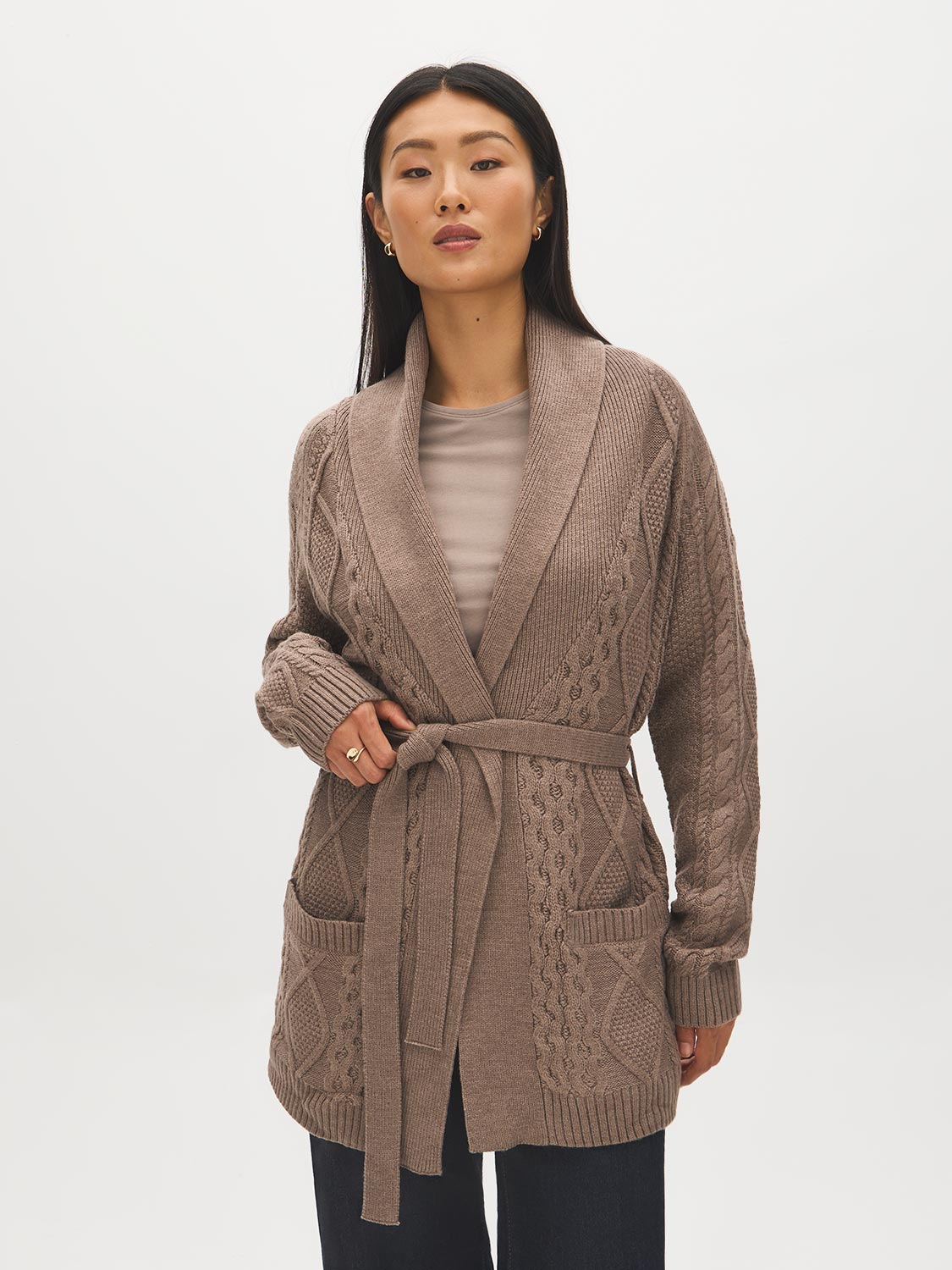 Cedar Cable Knit Shawl Collar Sweater - Woman Wearing Belted Knit Cardigan - Suzy Shier