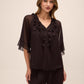 Chestnut Ruffle Short Sleeve Blouse - Woman Wearing Elegant Woven Top - Le Chateau
