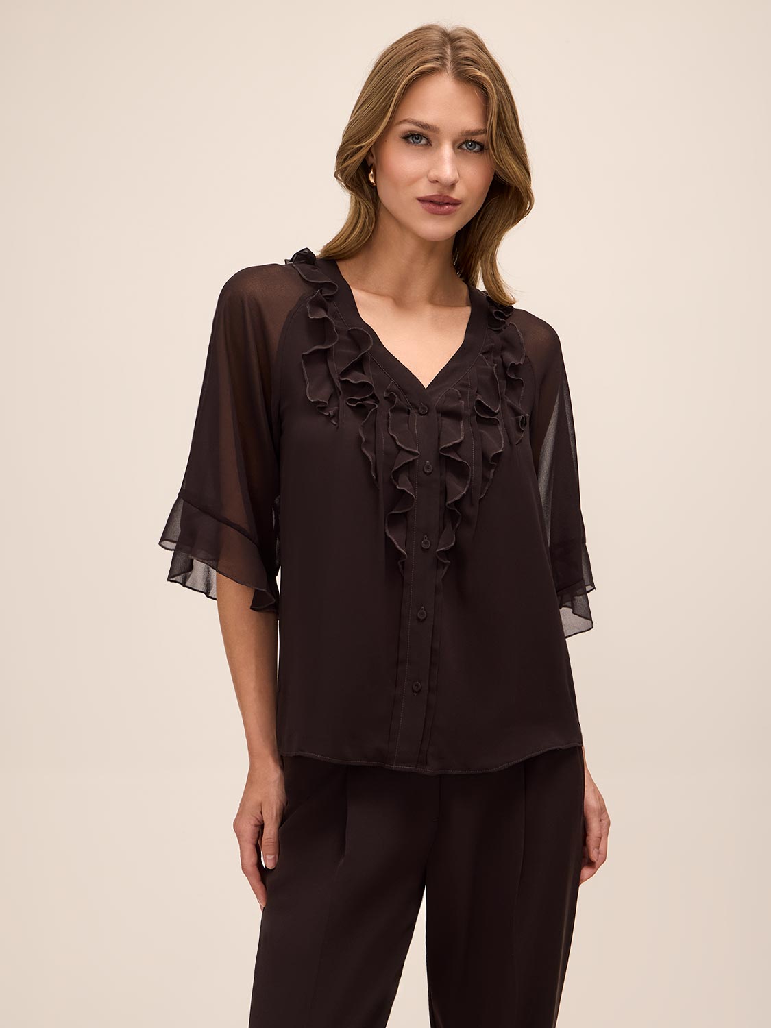 Chestnut Ruffle Short Sleeve Blouse - Woman Wearing Elegant Woven Top - Le Chateau