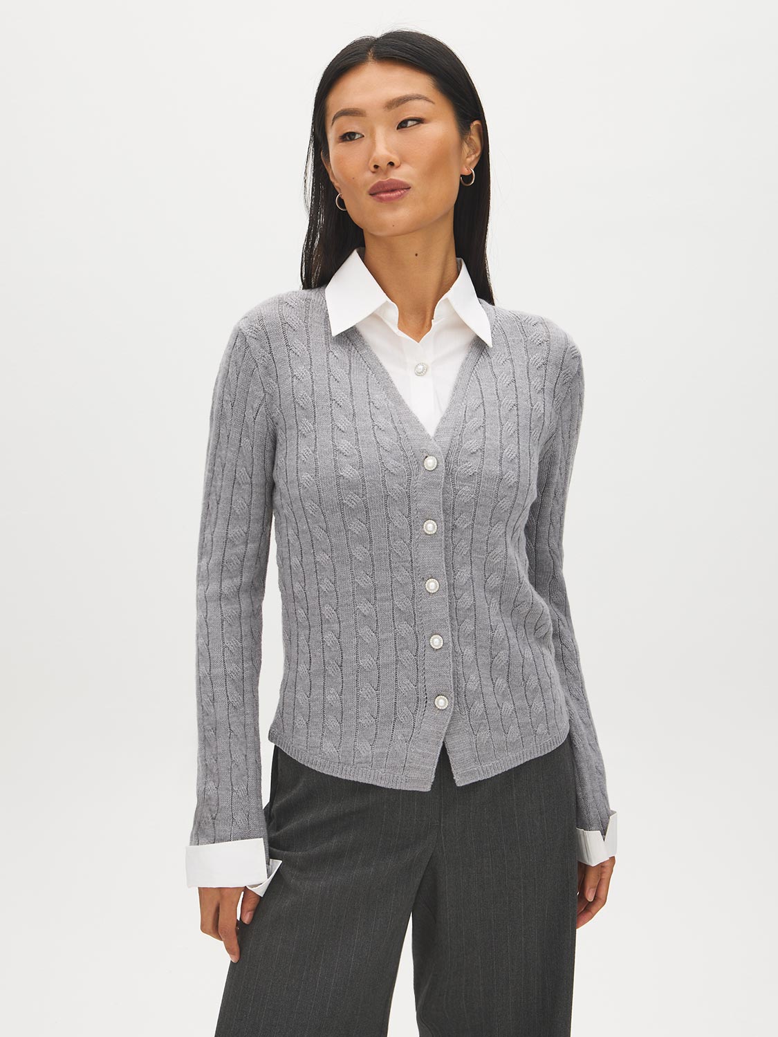 MG Grey Mix Twofer Cable Knit V-Neck Cardigan - Woman Wearing Layered Look Sweater - Suzy Shier